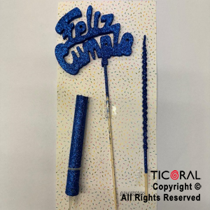 ADORNO DE TORTA SET FELIZ CUMPLE CON BENGALA Y VELA GIBRE AZUL x 1